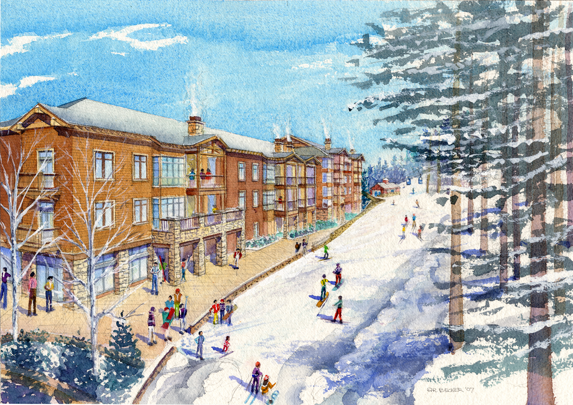 EW village north Ski Way winter watercolor rendering