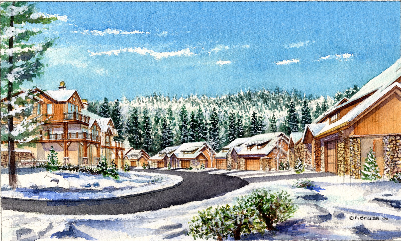 EW village walk Lower winter watercolor rendering