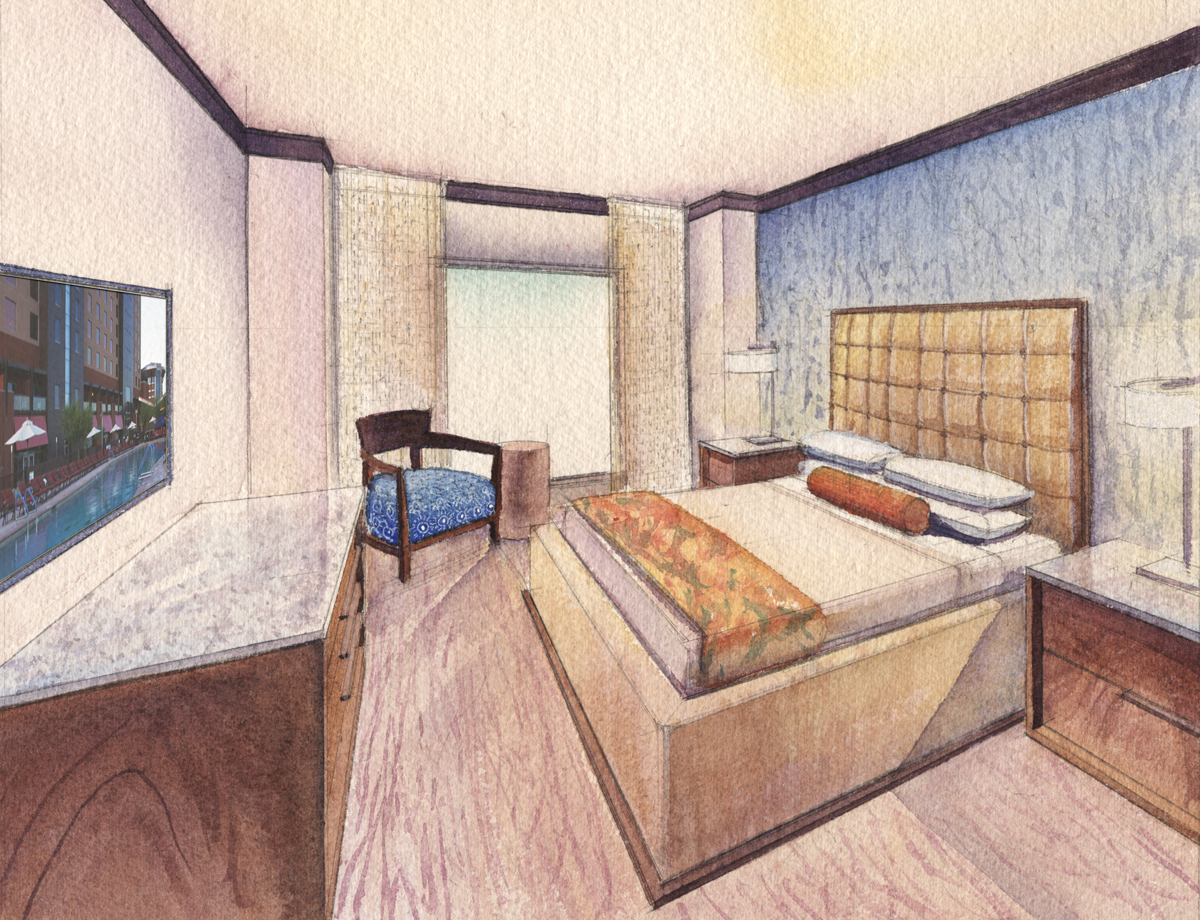 hotel room watercolor rendering