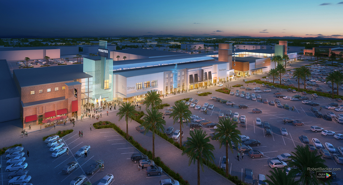 Merced Mall night aerial rendering
